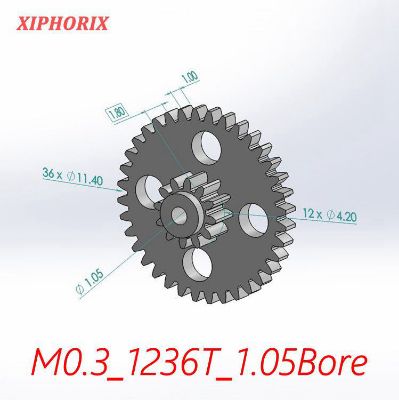 Picture of Module 0.3 12/36 teeth plastic double tooth gear, sliding fit 1.0mm shaft