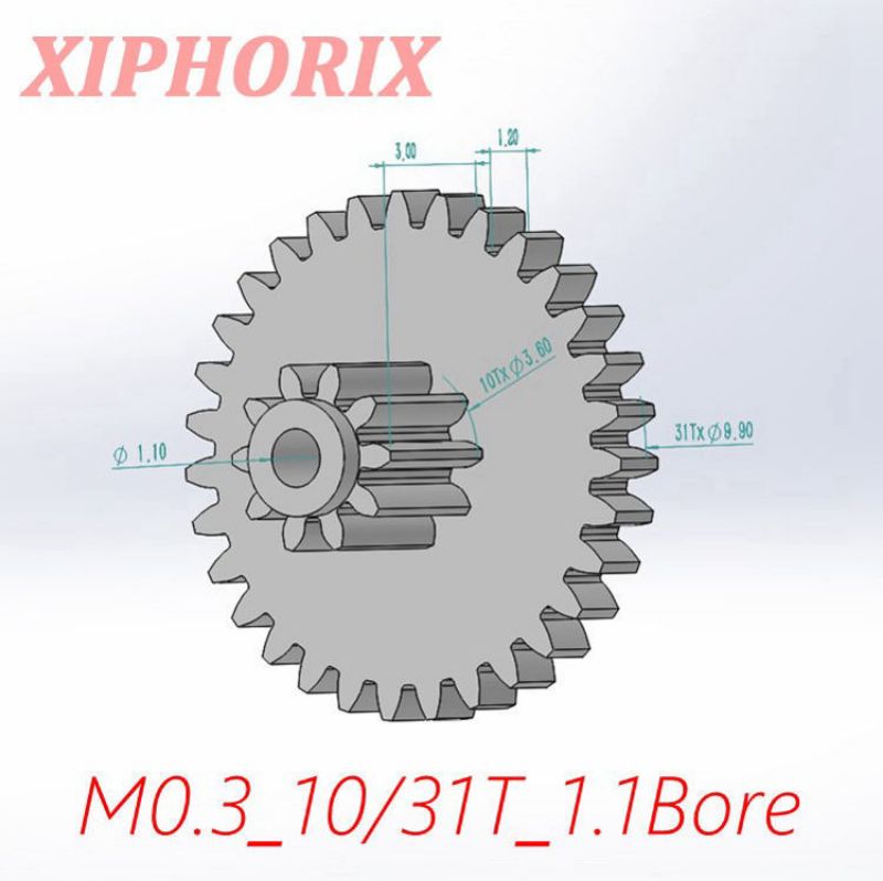 Picture of Module 0.3 10/31 teeth plastic double tooth gear, sliding fit 1.0mm shaft